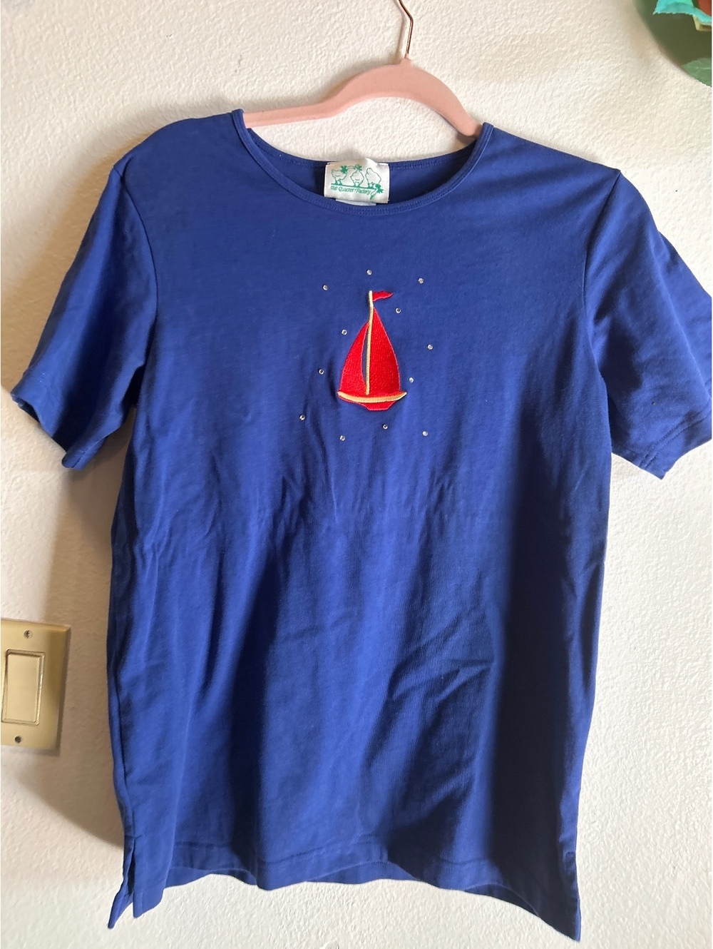 The Quacker Factory Blue Cotton T-Shirt with Red Sailboat Embroidery - Small